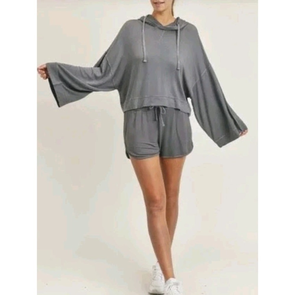 Mono B Lightweight Lounge Weekend Crop Hoodie Oversized Sz S Dark Green Wide Slv